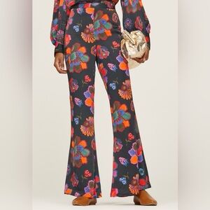 Farm Rio Lily’s Garden Pants Satin High Waist Black Floral Whimsical Womens S